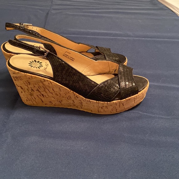Yellow Box Black Sequin Wedge Sandals - Picture 4 of 5